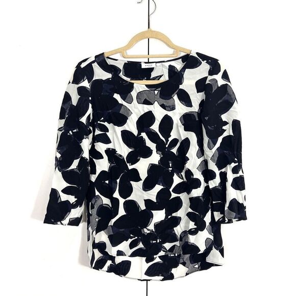 Akris Punto Mulberry Silk Top Size 4 Floral Roll Tab Sleeve Boat Neck Abstract - Picture 1 of 9